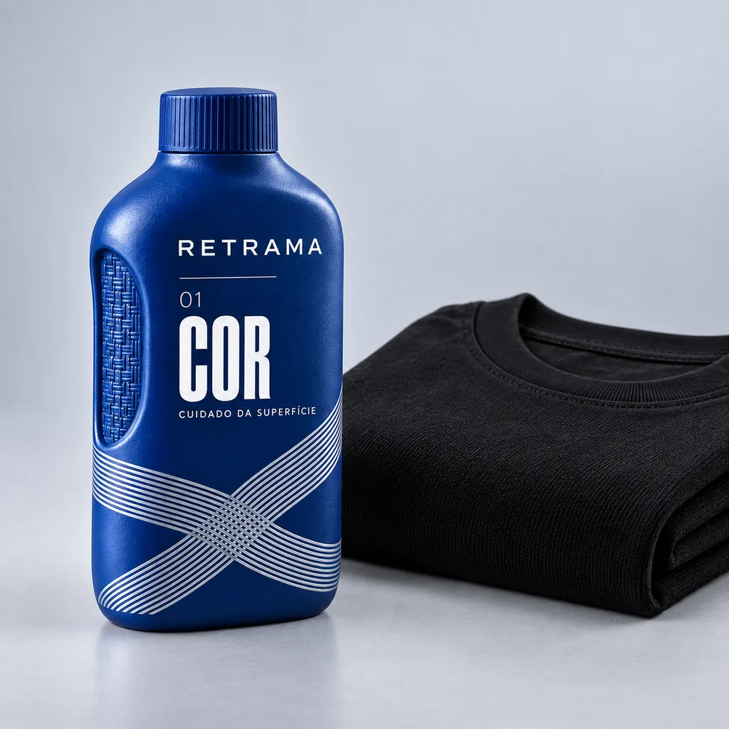 Frasco Retrama COR ao lado de uma camiseta preta dobrada