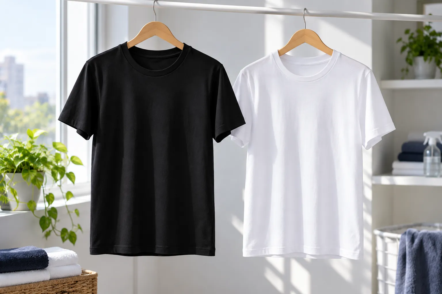 Camisetas secando em cabides perto de uma janela