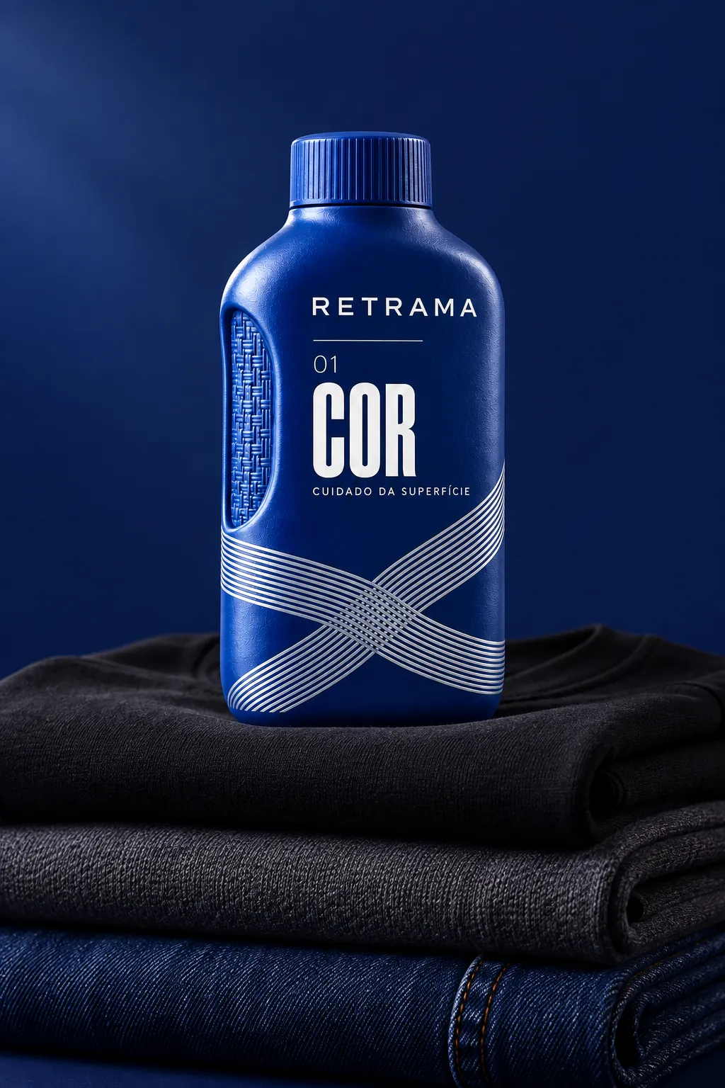 Frasco Retrama COR sobre uma pilha de roupas escuras