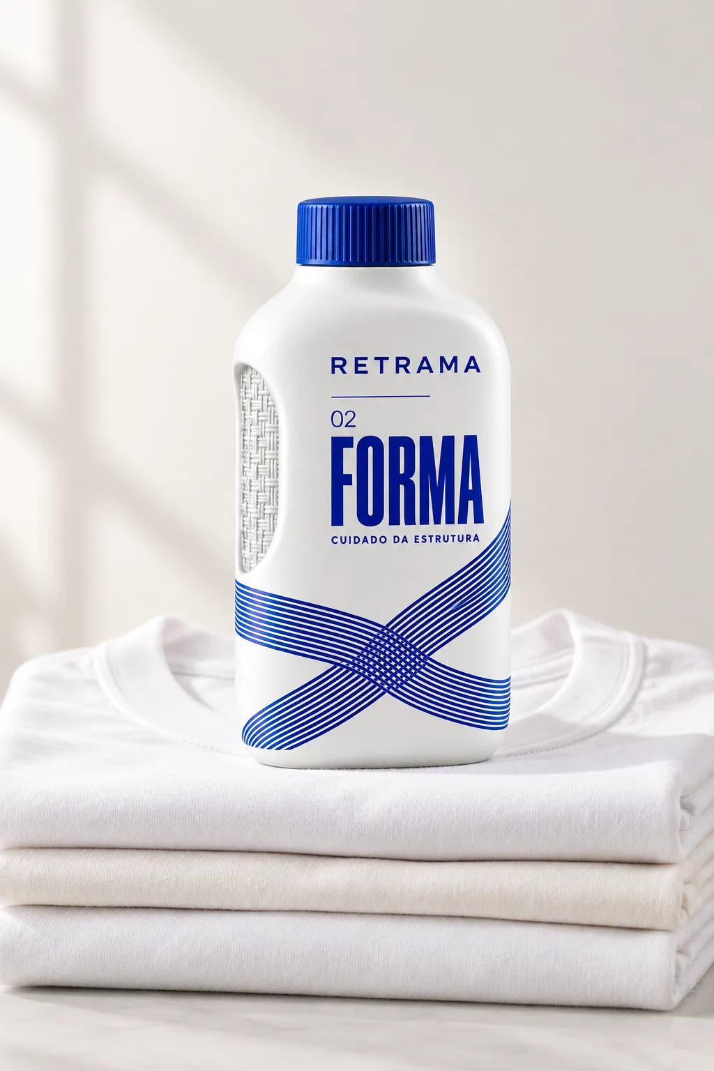 Frasco Retrama FORMA sobre uma pilha de camisetas brancas com golas firmes